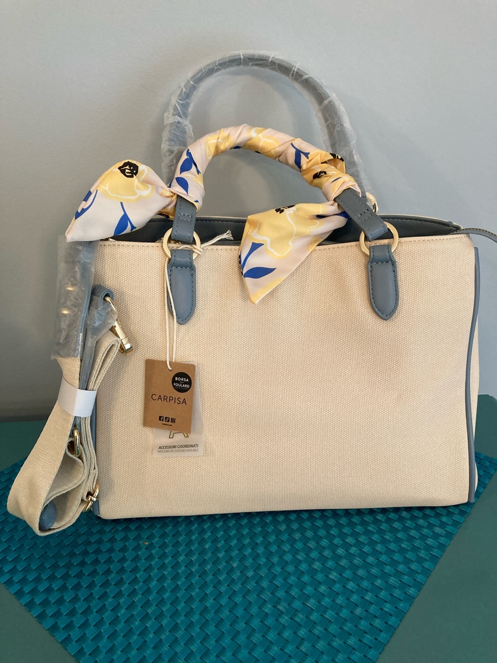 NWT Carpisa Beige Satchel Crossbody with Light Blue Trim and Floral Twilly-Italy